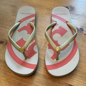 Tory Burch Womens Classic Flip Flop Thong Sandals Size 8 Orange Logo Rubber